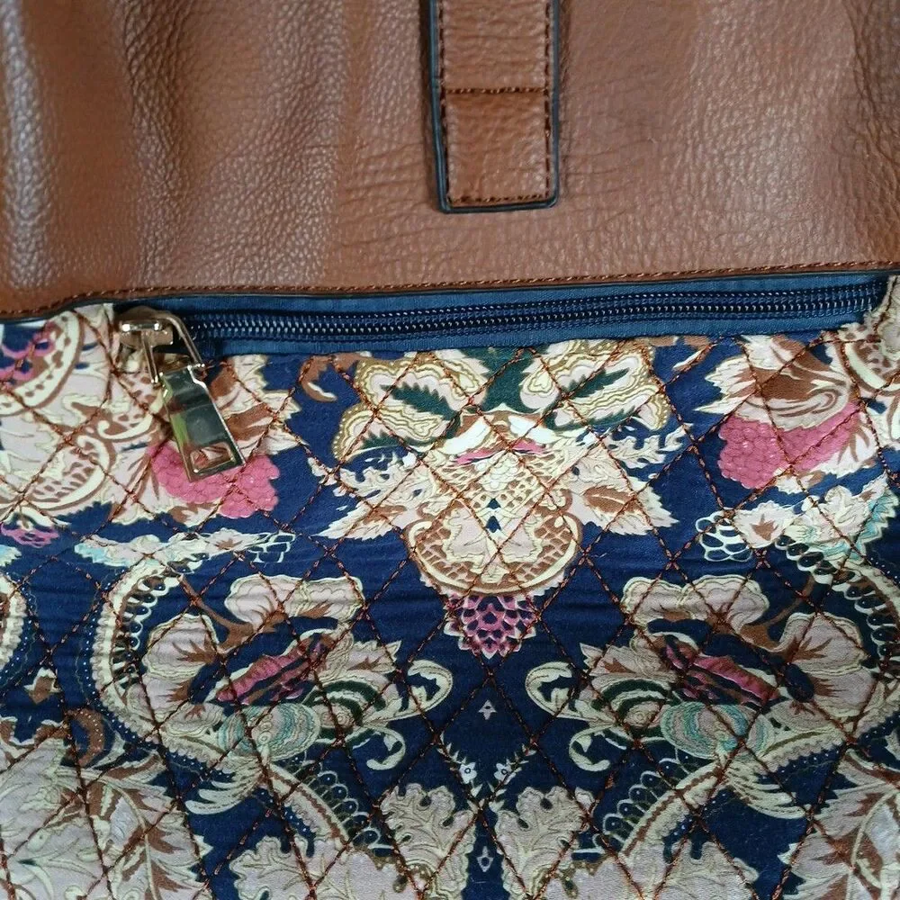 Black Rivet Floral Tapestry Shoulder Bag with Brown Leather Trim